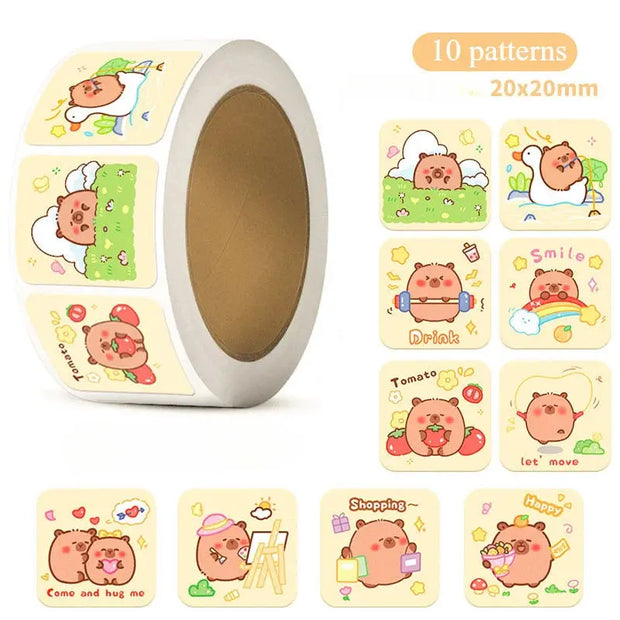 Capybara Aufkleber Rolle 300 Stück – Niedliche Cartoon Sticker