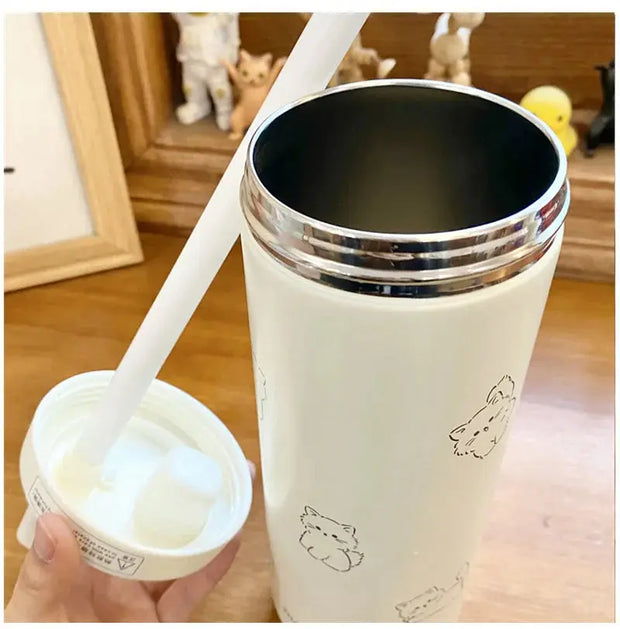 Kawaii Katze Thermosflasche 850ml – Mit Strohhalmdeckel