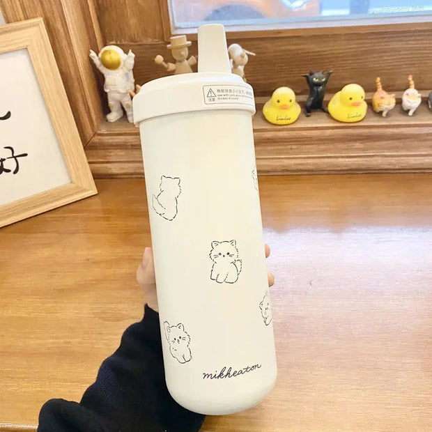 Kawaii Katze Thermosflasche 850ml – Mit Strohhalmdeckel