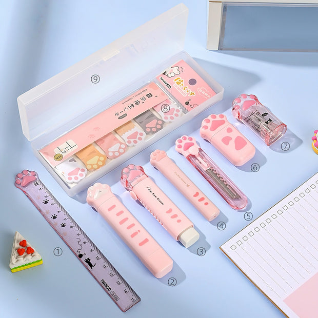 Katzenpfote Schreibwaren Geschenkset 9-teilig – Süße Schulartikel mit Federmäppchen