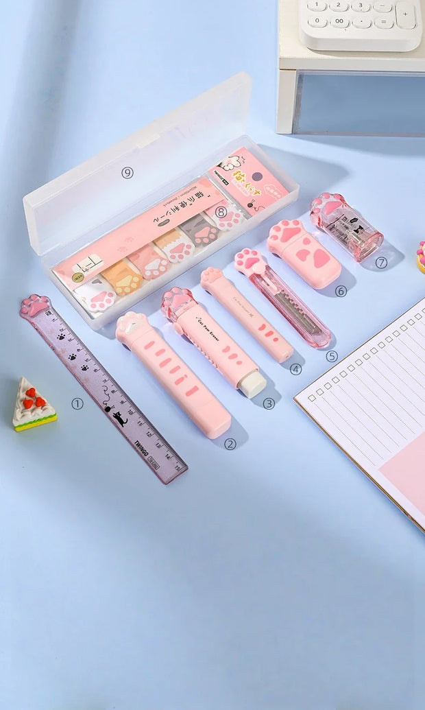 Katzenpfote Schreibwaren Geschenkset 9-teilig – Süße Schulartikel mit Federmäppchen