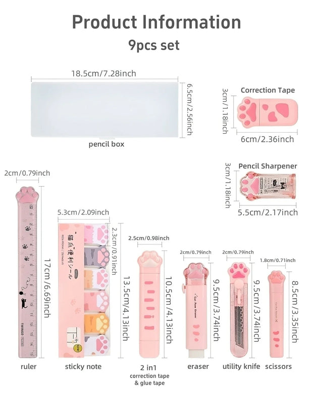 Katzenpfote Schreibwaren Geschenkset 9-teilig – Süße Schulartikel mit Federmäppchen