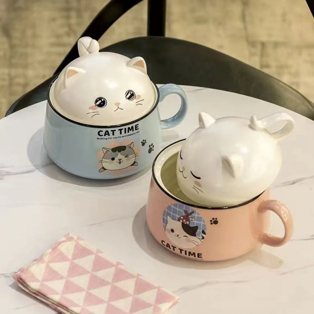 Katzen Ramen Schüssel 1000ml – Keramik Nudelschüssel mit Deckel