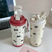 Kawaii Kirschkatze Thermosflasche 500ml – Edelstahl Trinkbecher mit Strohhalm
