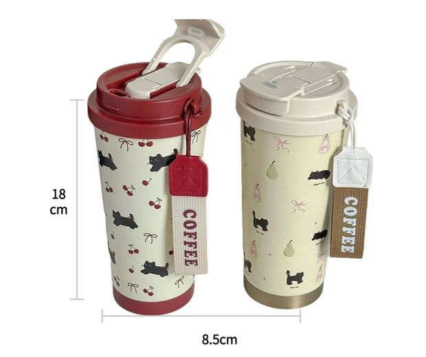 Kawaii Kirschkatze Thermosflasche 500ml – Edelstahl Trinkbecher mit Strohhalm