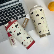 Kawaii Kirschkatze Thermosflasche 500ml – Edelstahl Trinkbecher mit Strohhalm