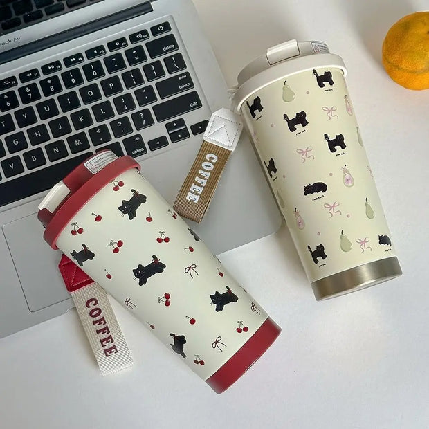 Kawaii Kirschkatze Thermosflasche 500ml – Edelstahl Trinkbecher mit Strohhalm