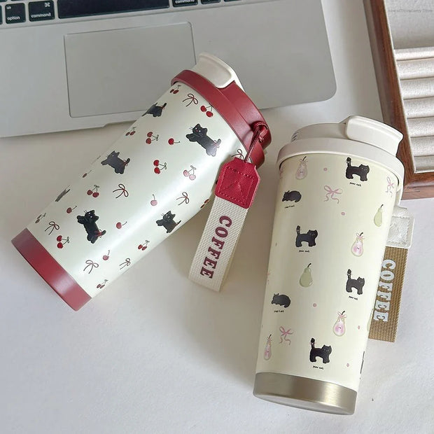 Kawaii Kirschkatze Thermosflasche 500ml – Edelstahl Trinkbecher mit Strohhalm