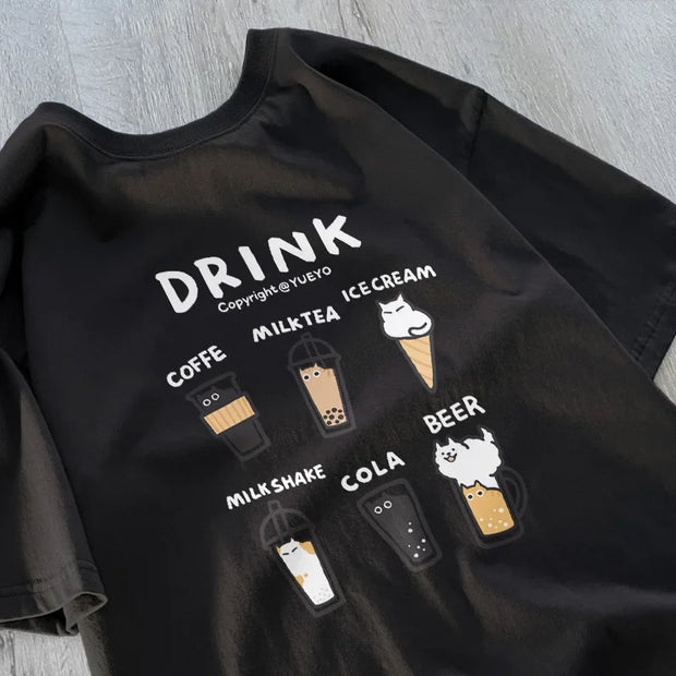 Korean Drink Katze T-Shirt – Lockeres Cartoon Tee