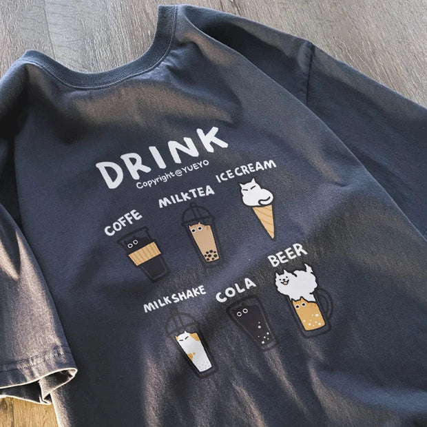 Korean Drink Katze T-Shirt – Lockeres Cartoon Tee