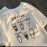 Korean Drink Katze T-Shirt – Lockeres Cartoon Tee