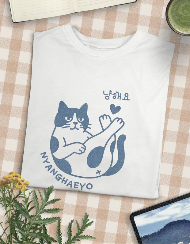Kawaii Katzen T-Shirt 100% Baumwolle – Nyanghaeyo Meow Design