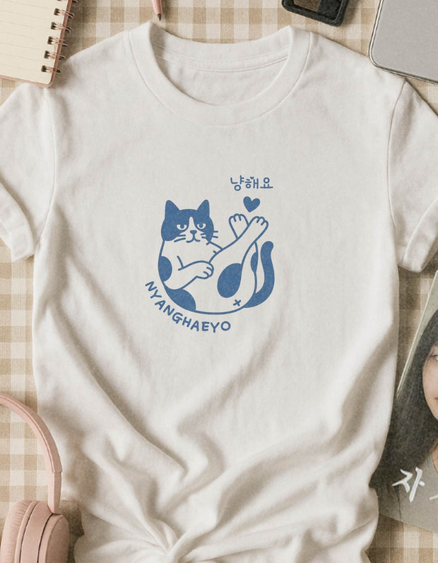 Kawaii Katzen T-Shirt 100% Baumwolle – Nyanghaeyo Meow Design