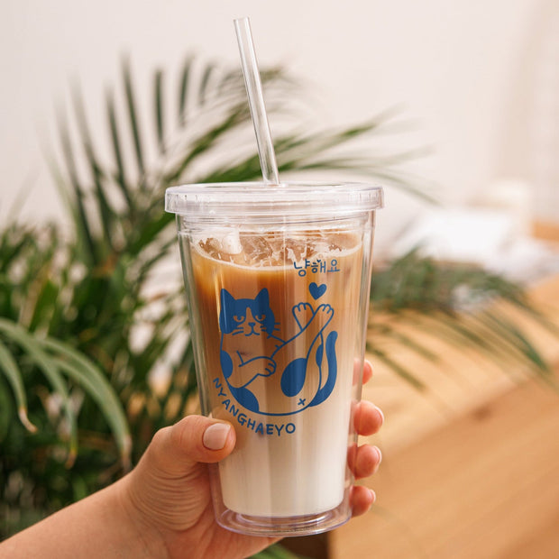 Kawaii Doppelwandiger Tumbler Becher mit Strohhalm – Meow Love You