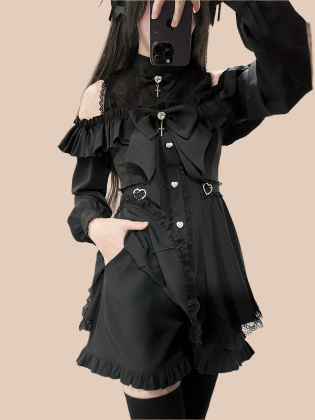 Schulterfreies Spitzenkleid Set – Bluse & Shorts