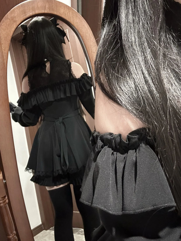 Schulterfreies Spitzenkleid Set – Bluse & Shorts