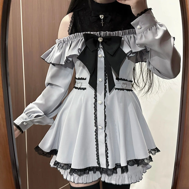 Schulterfreies Spitzenkleid Set – Bluse & Shorts