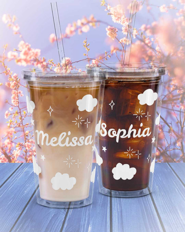 Kawaii Wolkenbecher mit Strohhalm 16oz – Personalisierbar, Geschenk für Mädchen