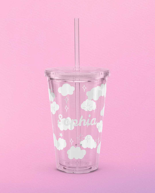 Kawaii Wolkenbecher mit Strohhalm 16oz – Personalisierbar, Geschenk für Mädchen