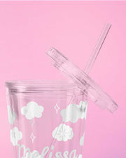 Kawaii Wolkenbecher mit Strohhalm 16oz – Personalisierbar, Geschenk für Mädchen