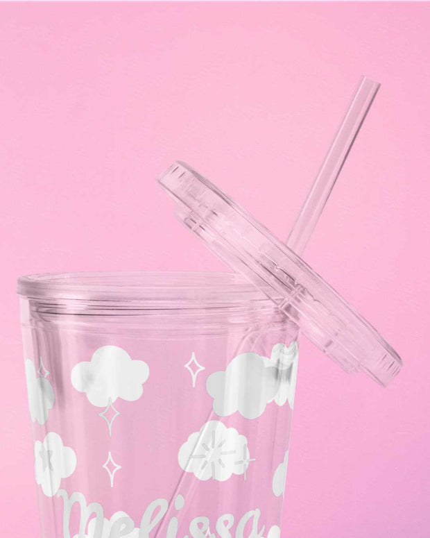 Kawaii Wolkenbecher mit Strohhalm 16oz – Personalisierbar, Geschenk für Mädchen