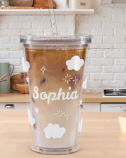Kawaii Wolkenbecher mit Strohhalm 16oz – Personalisierbar, Geschenk für Mädchen