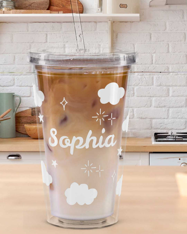 Kawaii Wolkenbecher mit Strohhalm 16oz – Personalisierbar, Geschenk für Mädchen