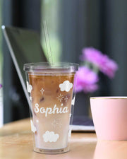 Kawaii Wolkenbecher mit Strohhalm 16oz – Personalisierbar, Geschenk für Mädchen