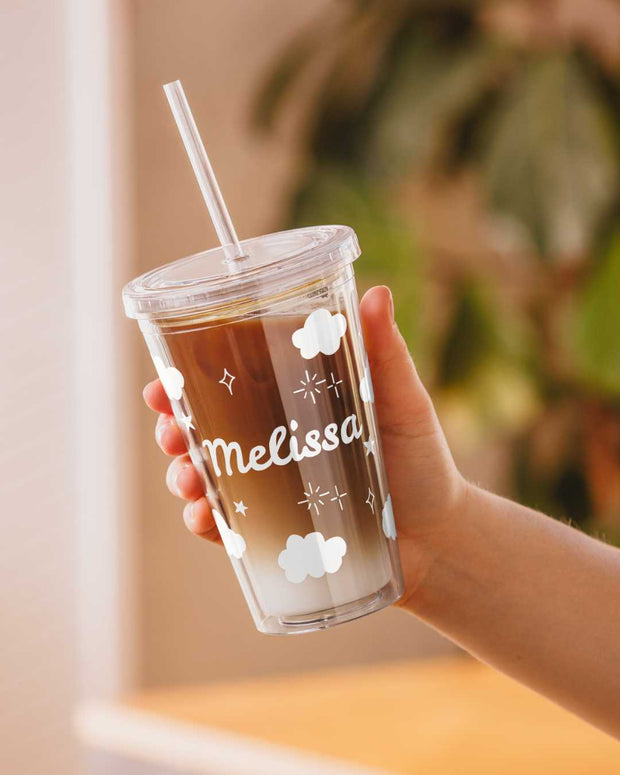 Kawaii Wolkenbecher mit Strohhalm 16oz – Personalisierbar, Geschenk für Mädchen