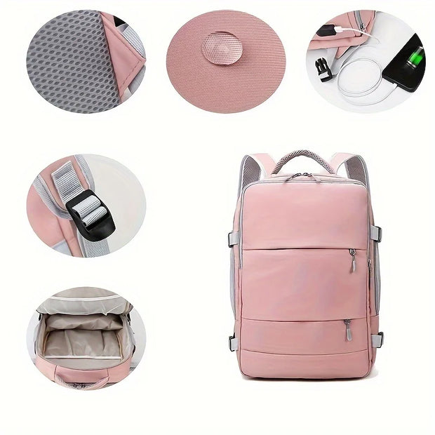 Rosa Wasserdichter Damen Rucksack – Anti-Diebstahl, USB, Groß