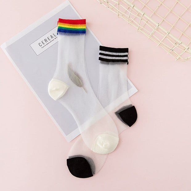 Kawaii Regenbogen Transparente Socken – Bunte Kniestrümpfe