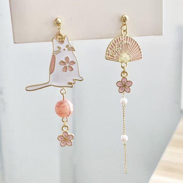 Kawaii Kirschblüte Katzenohrringe – Sakura Fan Schmuck