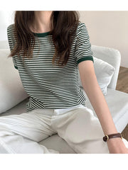 Gestreiftes Koreanisches Vintage T-Shirt Kurzarm