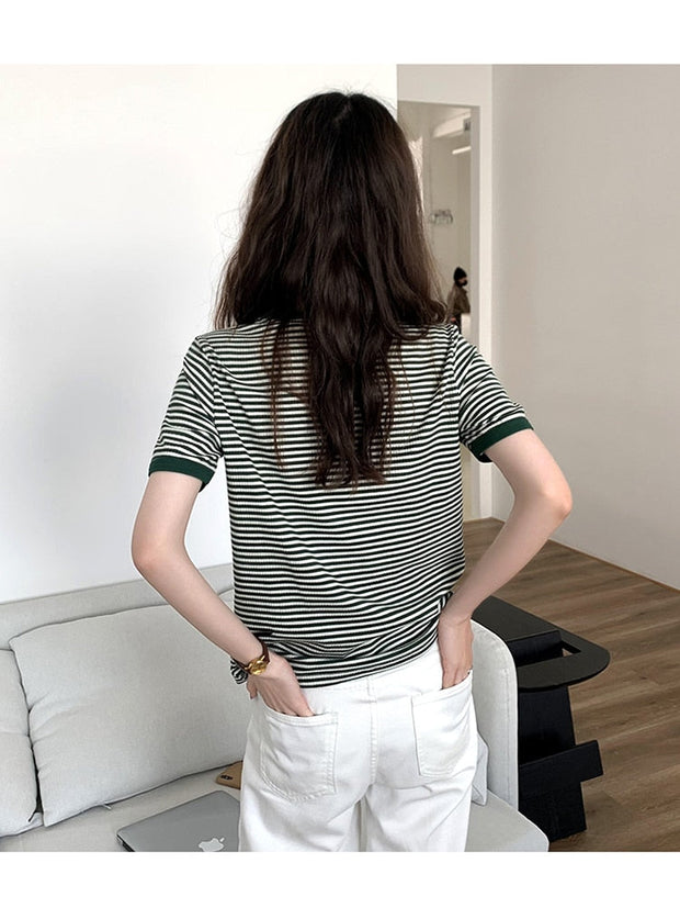 Gestreiftes Koreanisches Vintage T-Shirt Kurzarm