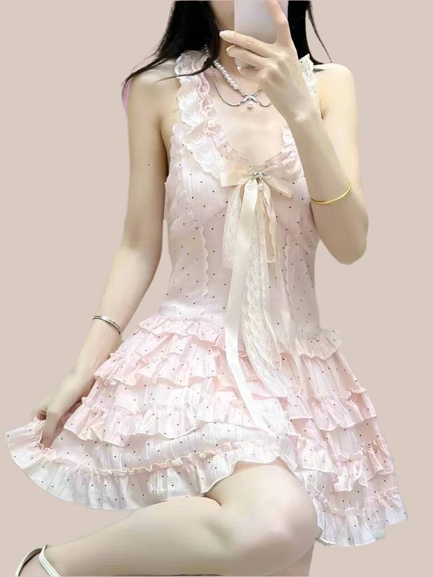 Kawaii Rosa Punkte Kleid Y2K – Süßes Rüschenkleid