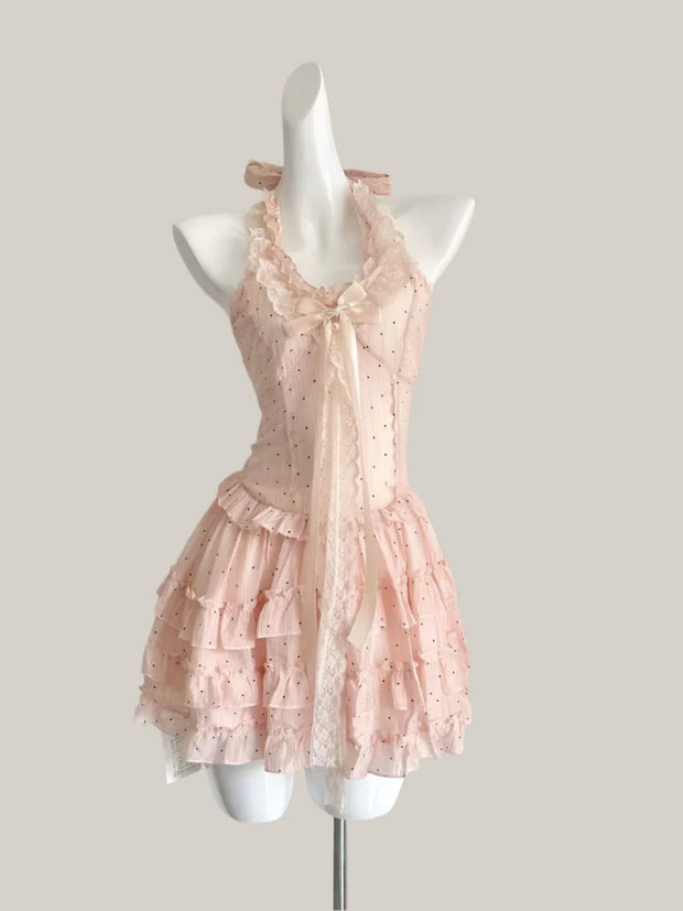 Kawaii Rosa Punkte Kleid Y2K – Süßes Rüschenkleid