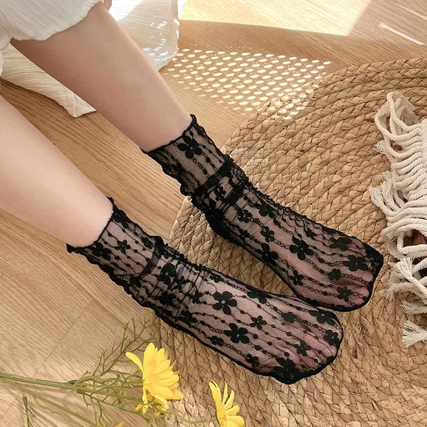 Transparente Blumen Spitzen Socken Damen – Kawaii Stil