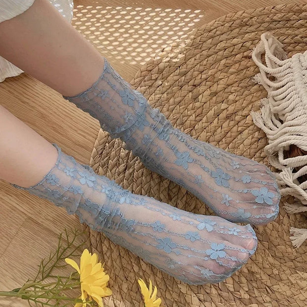 Transparente Blumen Spitzen Socken Damen – Kawaii Stil