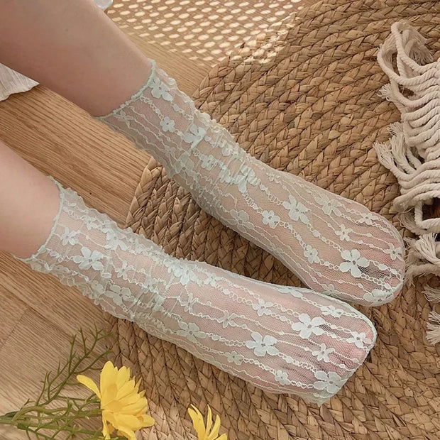 Transparente Blumen Spitzen Socken Damen – Kawaii Stil