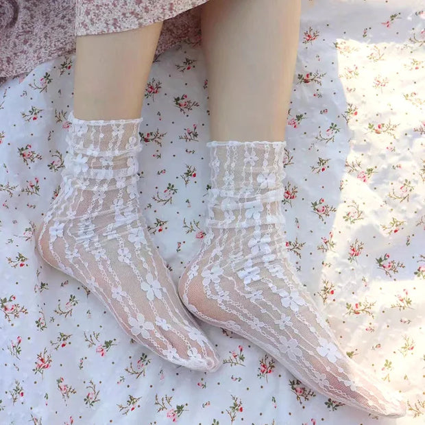 Transparente Blumen Spitzen Socken Damen – Kawaii Stil