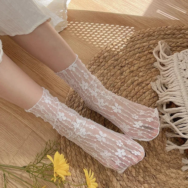 Transparente Blumen Spitzen Socken Damen – Kawaii Stil